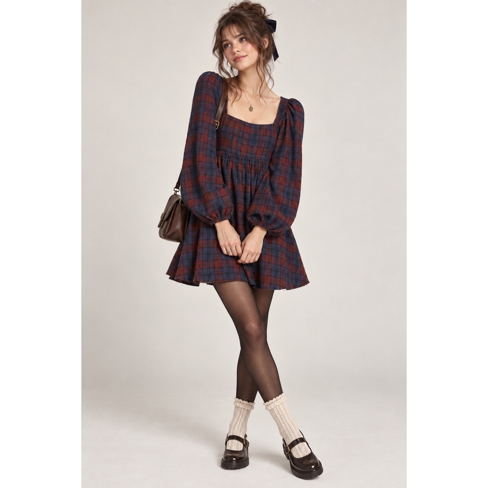 Urban Outfitters Plaid Babydoll Mini Dress Burgundy Navy Square Neck Small